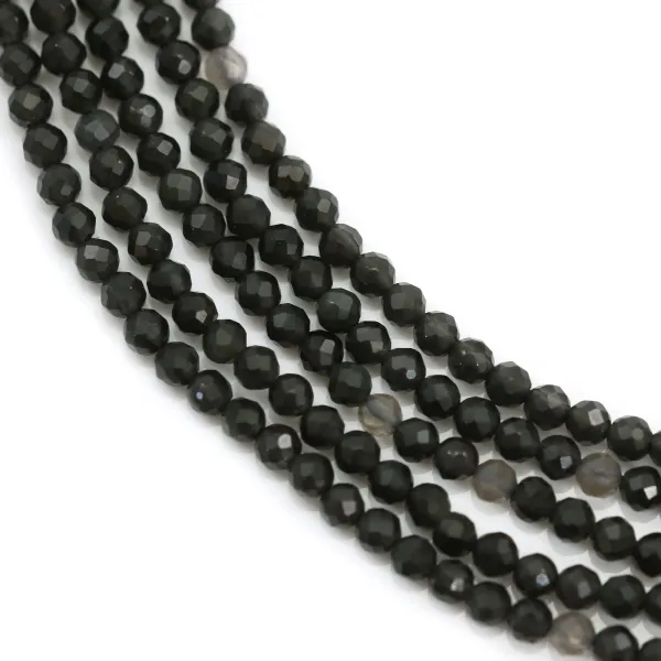 Obsidienne noir, de forme ronde facetté, de taille 2mm x 38cm