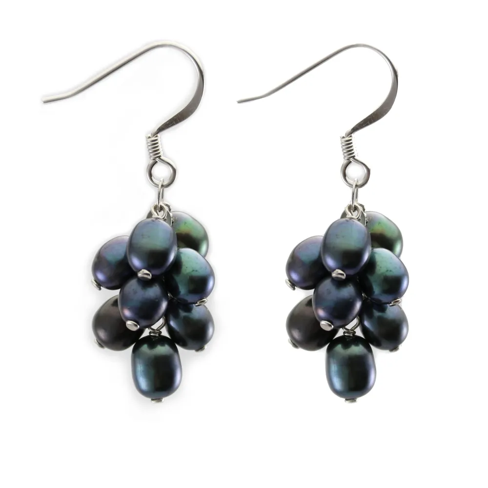 Bo argent 925 perle d'eau douce noir en grappe de raisin  x 2pcs