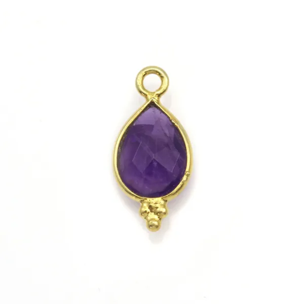 Breloque en Améthysthe goutte facettée sur argent doré 7x15mm x 1pc