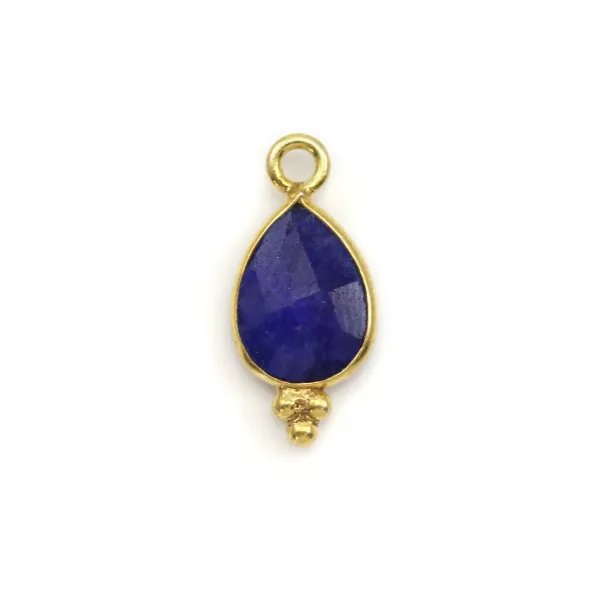 Sapphire on gold gilt color treated stone charm faceted drop on silver gilt 7x15mm x 1pc
