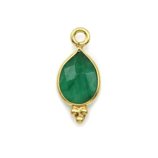 Emerald faceted drop color treated stone charms on gold gilt silver 7x15mm x 1pc
