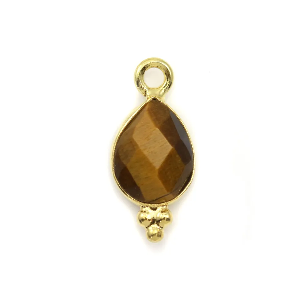 Breloque en L'oeil de tigre goutte facettée sur argent doré 7x16mm x 1pc
