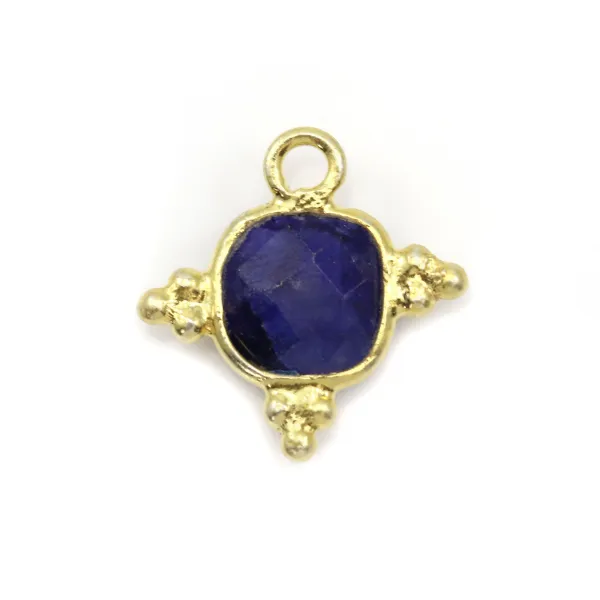 Square faceted treated sapphire stone charm set in 925 silver gilded with fine gold 13x13mm x 1pc