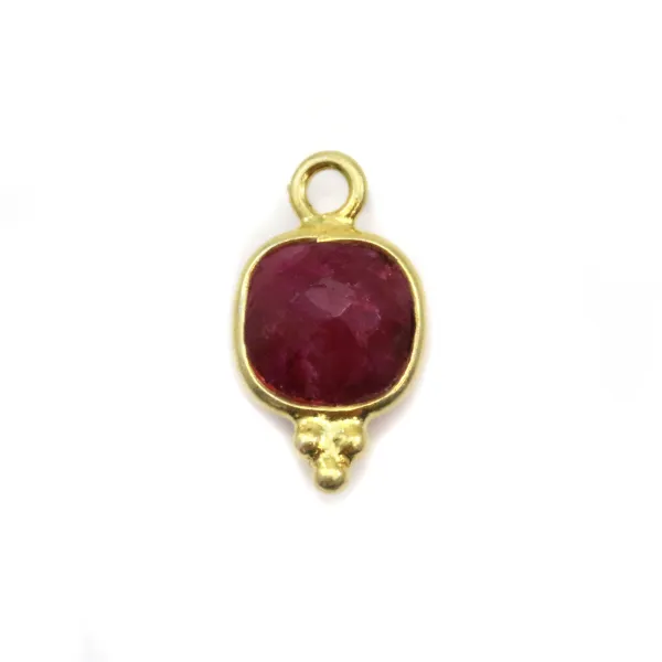 Square faceted ruby color treated stone charm on gold silver 7x13mm x 1pc