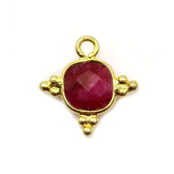 Square faceted ruby-colored treated stone charm set in 925 silver gilded with fine gold 13x13mm x 1pc