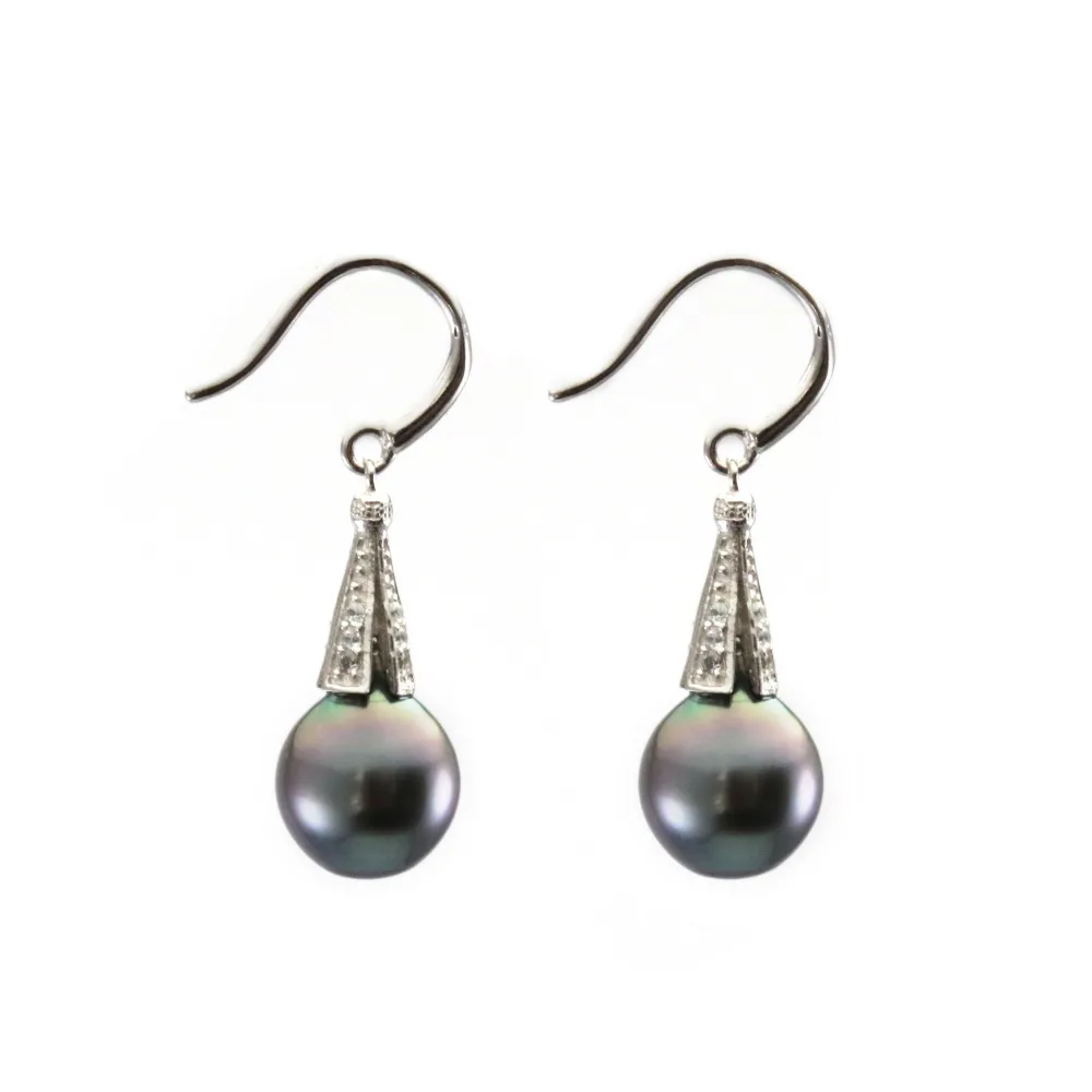 Pendiente plata 925 rodio y perlas cultivadas de Tahití x 2pcs