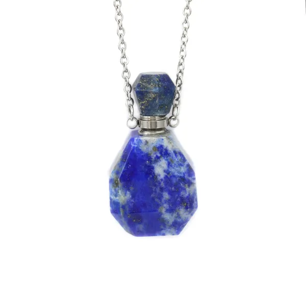 Collier en dorée sur laiton avec pendentif flacon de parfum en Lapis lazuli