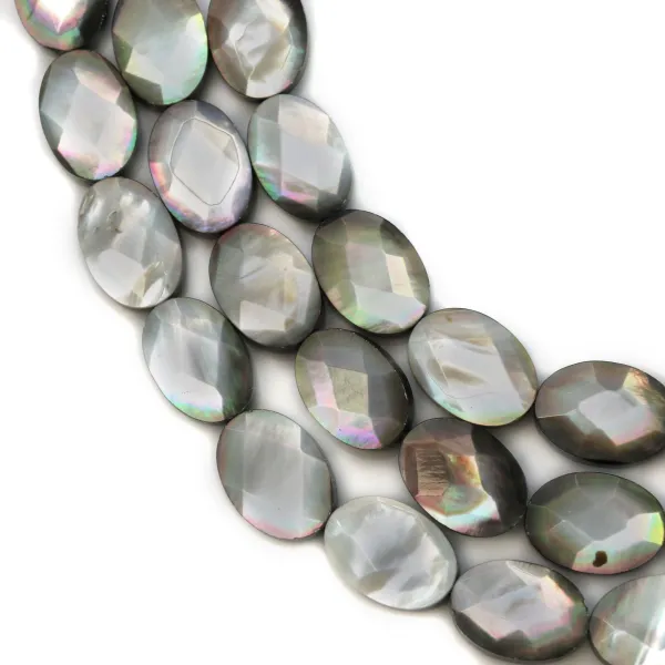 Mãe cinzenta de pérolas ovaladas facetadas em arame 10x14mm x 40cm