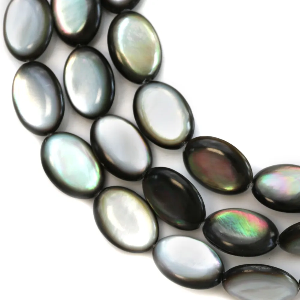 Nacre grise en oval bombé sur fil 10x14mm x 40cm