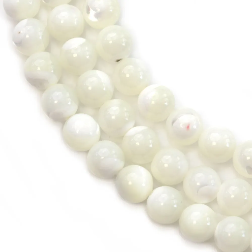 White monther-of-pearl round beads on thread 6mm x 40cm 