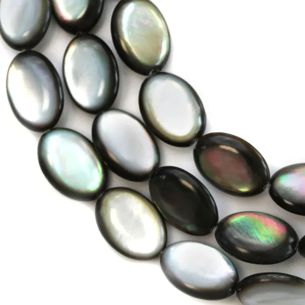 Nacre grise en oval bombé sur fil 12x16mm x 40cm