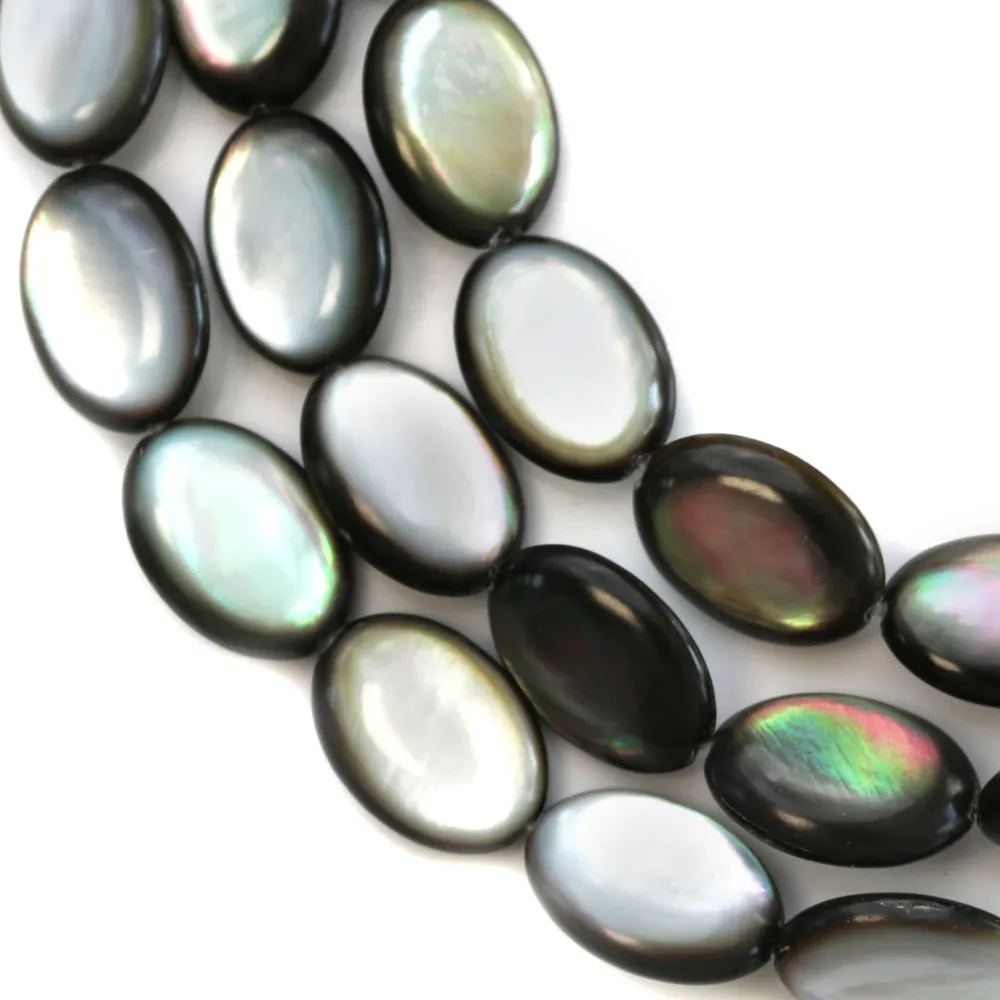 Nacre grise en oval bombé sur fil 12x16mm x 40cm