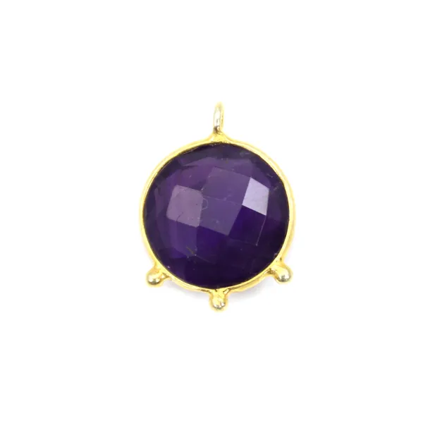 Pendentif pierre traitée couleur saphir rond facetté serti argent 925 doré à l'or fin 13mm x 1pc