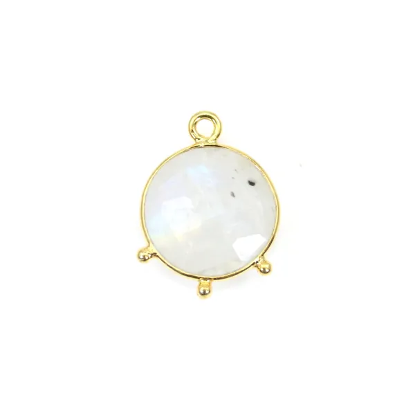 Pendentif Pierre de lune rond facetté serti argent 925 doré à l'or fin 13mm x 1pc