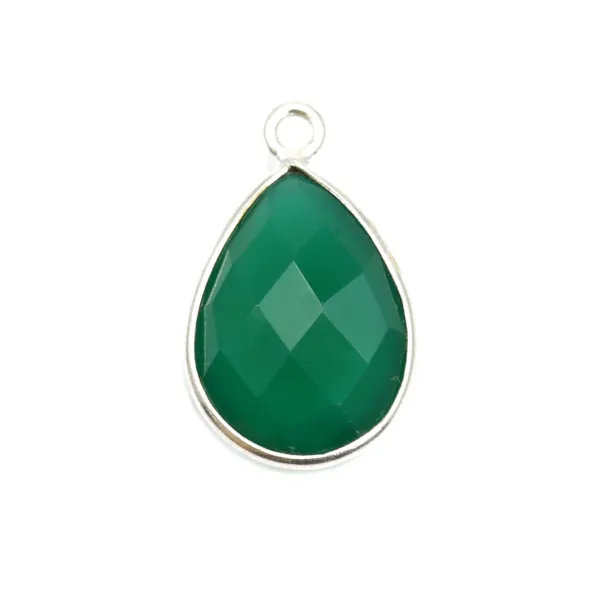 Agate verte goutte facette sertie sur argent 11x15mm x 1pc