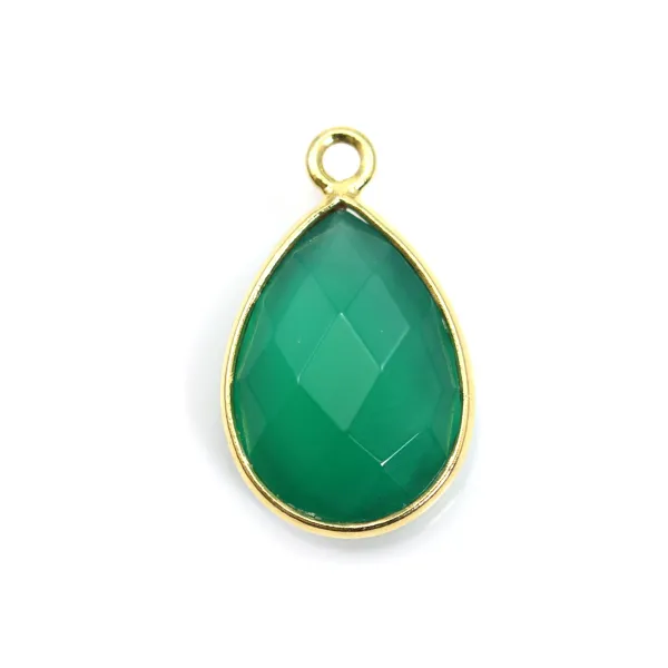Agate verte goutte facettée sertie sur argent doré 1 anneau 11x15mm x 1pc