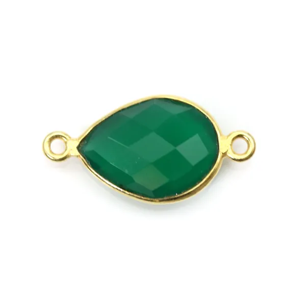 Agate verte goutte facettée sertie sur argent doré 2 anneaux 11x15mm x 1pc