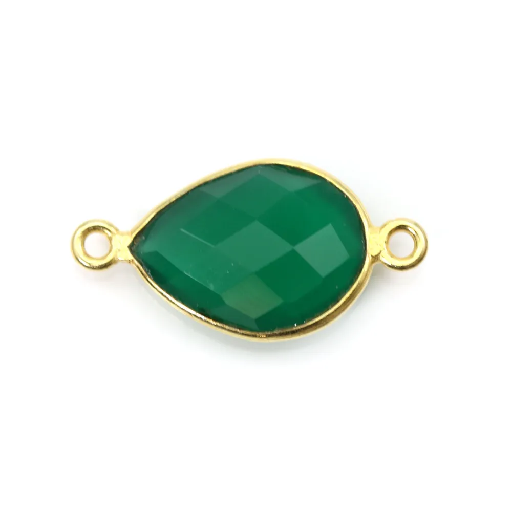 Agate verte goutte facettée sertie sur argent doré 2 anneaux 11x15mm x 1pc