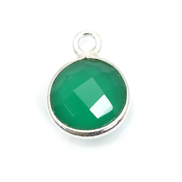Ágata verde redonda facetada engastada en plata de 9x12mm x 1pc