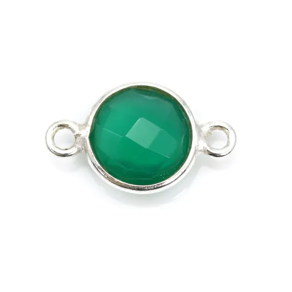 Ágata verde redonda facetada 2 anillos engarzada en plata 9x15mm x 1pc