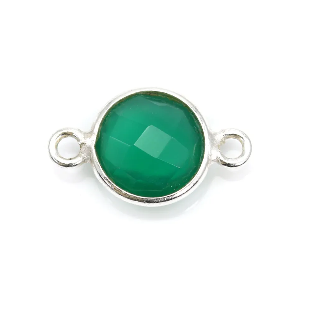 Agate verte ronde facettée 2 anneaux sertie sur argent 9mm x 1pc