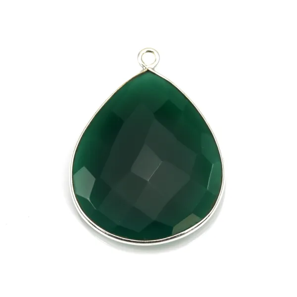 Colgante de ágata verde engastado en plata, forma de gota, 26x31mm x 1pc