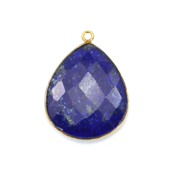 Pendentif en lapis lazuli sertie en argent 925 doré à l'or fin, en forme de goutte, 26x31mmx 1pc