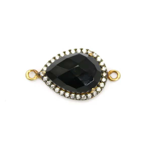 Agate noir goutte facette serti sur argent 925 doré avec zirconium 13x17mm x 1pc