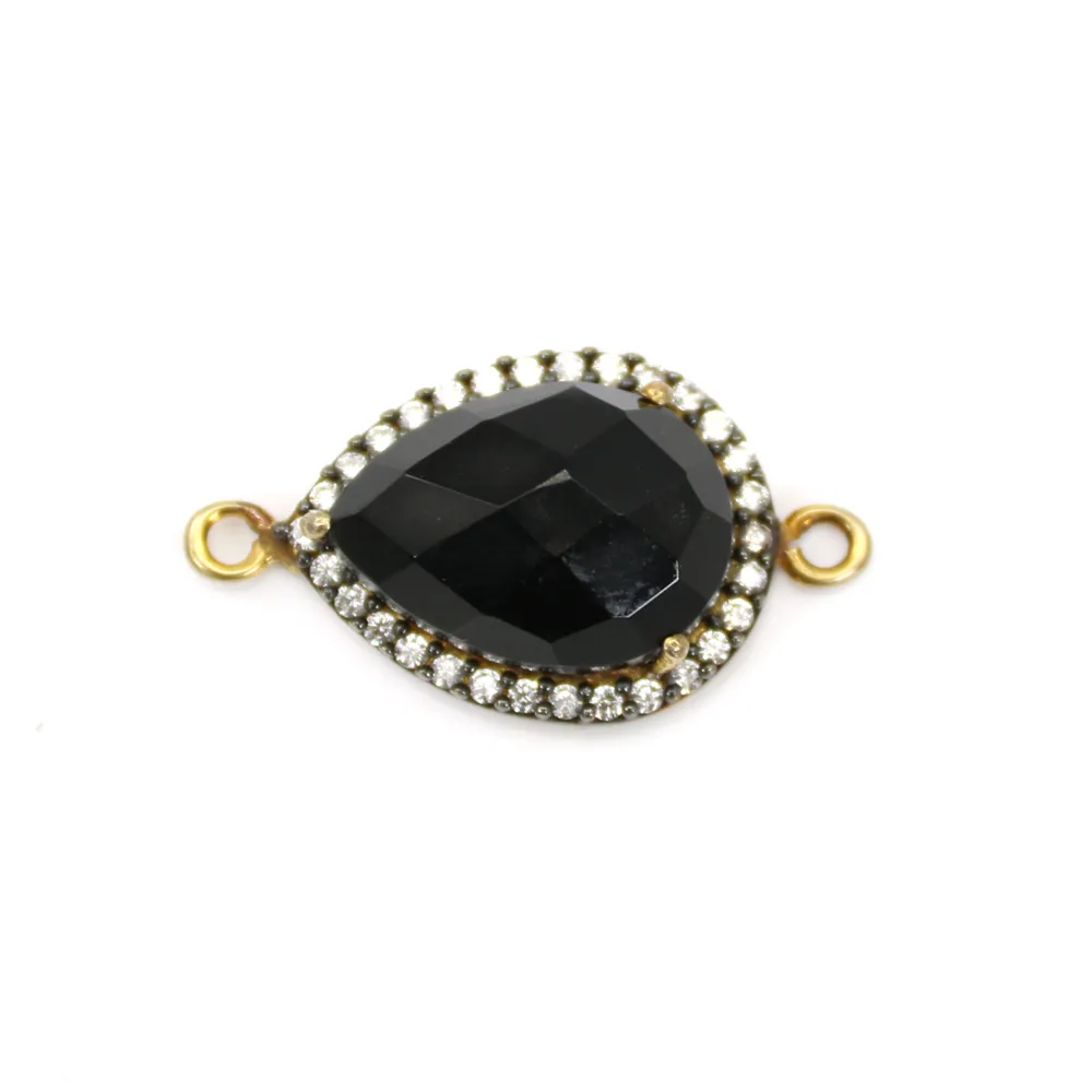Agate noir goutte facette serti sur argent 925 doré avec zirconium 13x17mm x 1pc