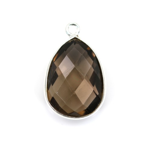 Quartz fumé goutte facette sertie sur argent 925 13x17mm x 1pc