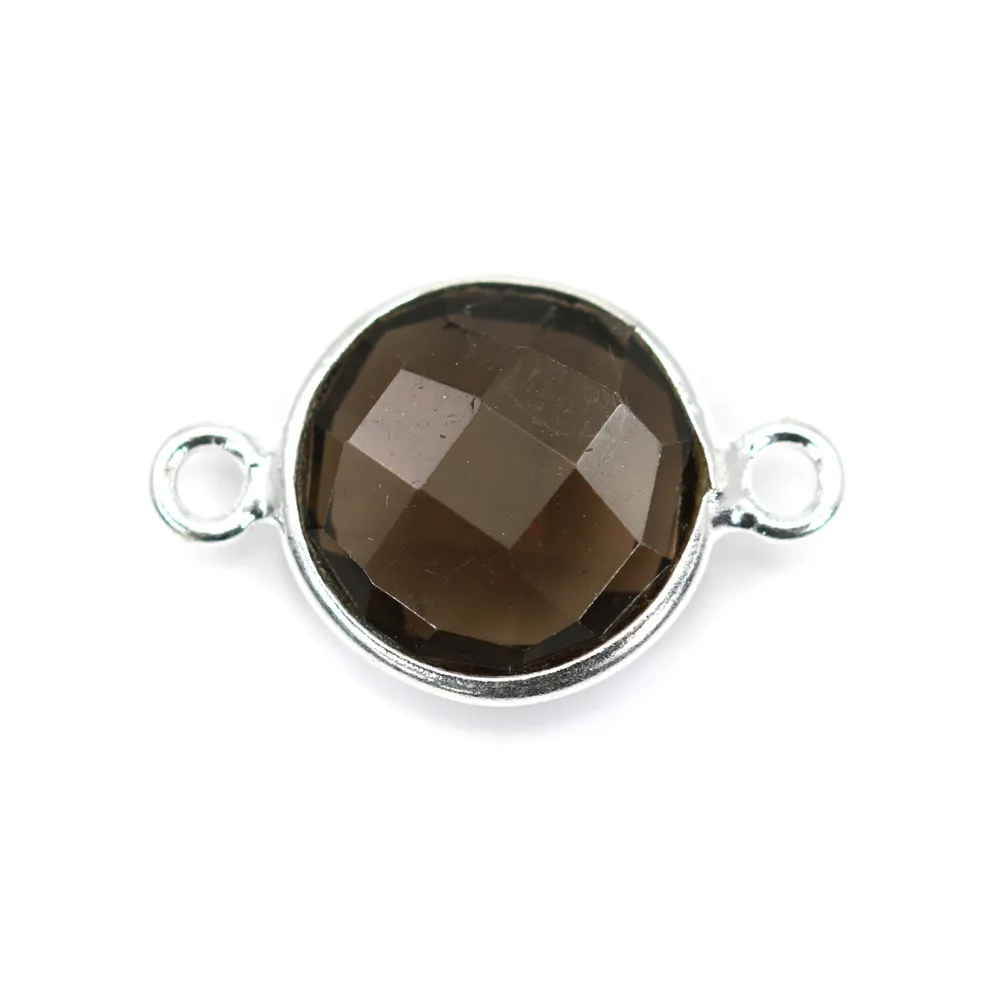 Quartz fumé rond facette sertie sur argent 925 2 anneaux 11mm x 1pc