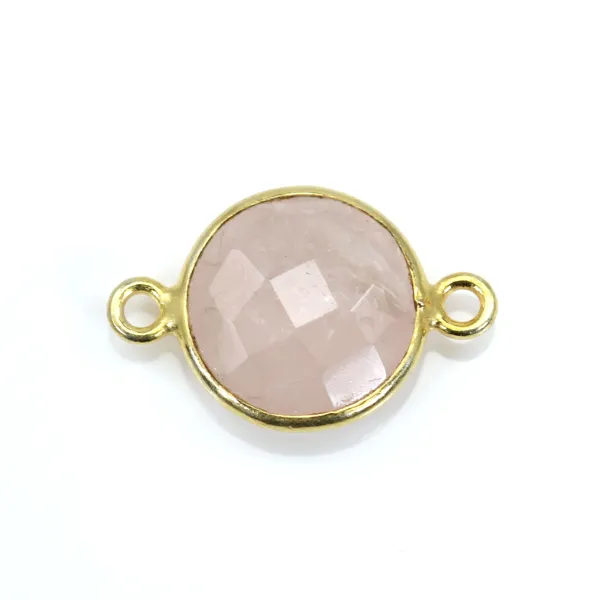 Quartz rose rond facette serti sur argent doré 2 anneaux 9mm x 1pc