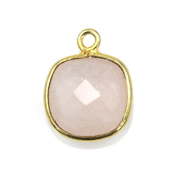 Quartz rose coussin facette sertie sur argent doré 9mm x 1pc