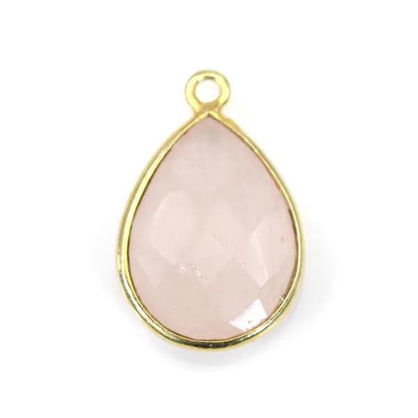 Quartz rose goutte facette sertie sur argent doré 13x17mm x 1pc