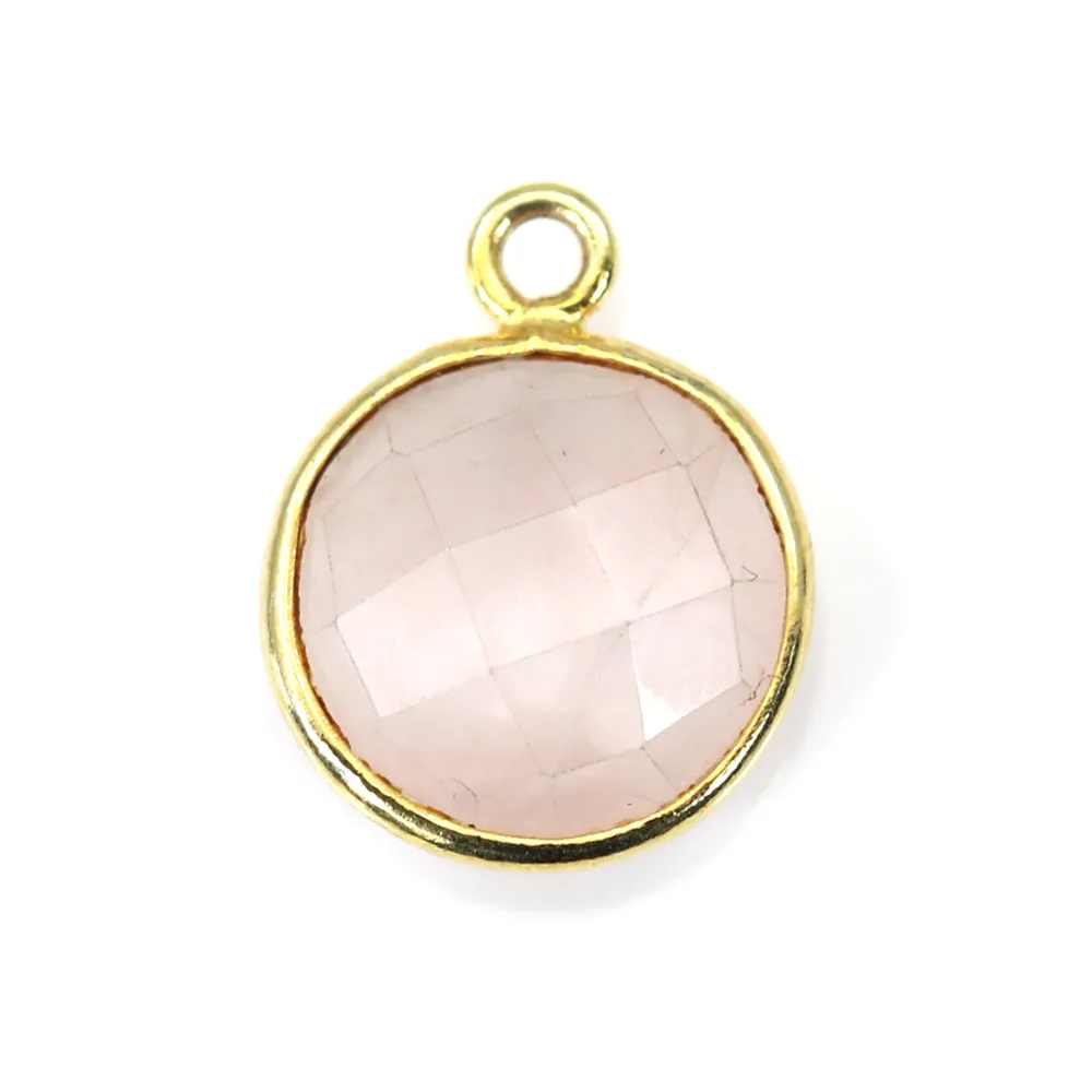 Quartz rose rond facette serti sur argent 925 doré à l'or fin 11mm x 1pc