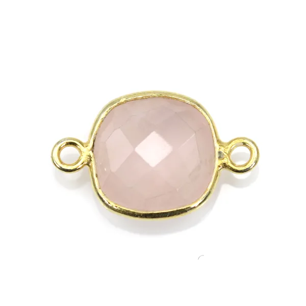 Quartz rose coussin facette sertie sur argent doré 2 anneaux 11mm x 1pc