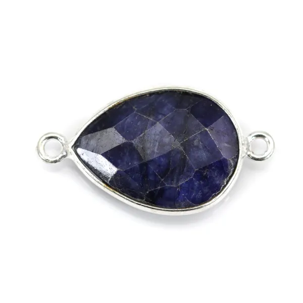 Pierre traitée couleur saphir serti sur argent 925 goutte facetté 2 anneaux 13x17mm x 1pc