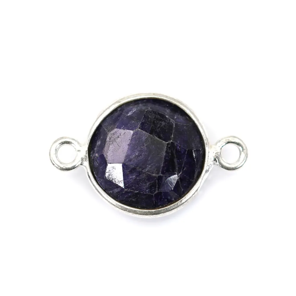 Pierre traitée couleur saphir sertie sur argent 925 rond facetté 2 anneaux 11mm x 1pc