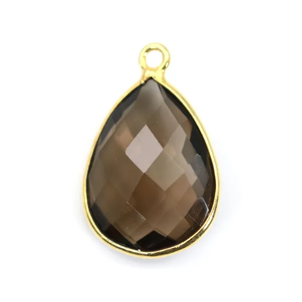 Quartz fumé goutte facette sertie sur argent doré 13x17mm x 1pc