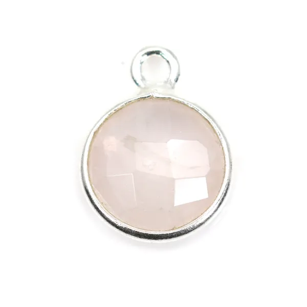 Quartz rose rond facette sertie sur argent 9mm x 1pc
