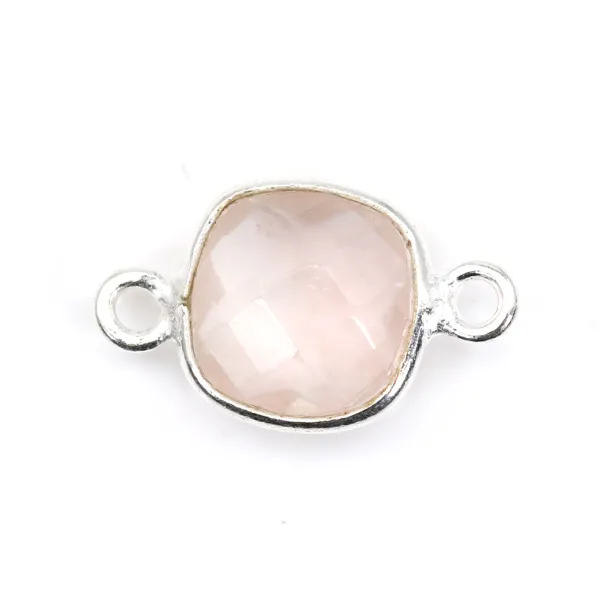 Quartz rose coussin facette sertie sur argent 2 anneaux 9mm x 1pc