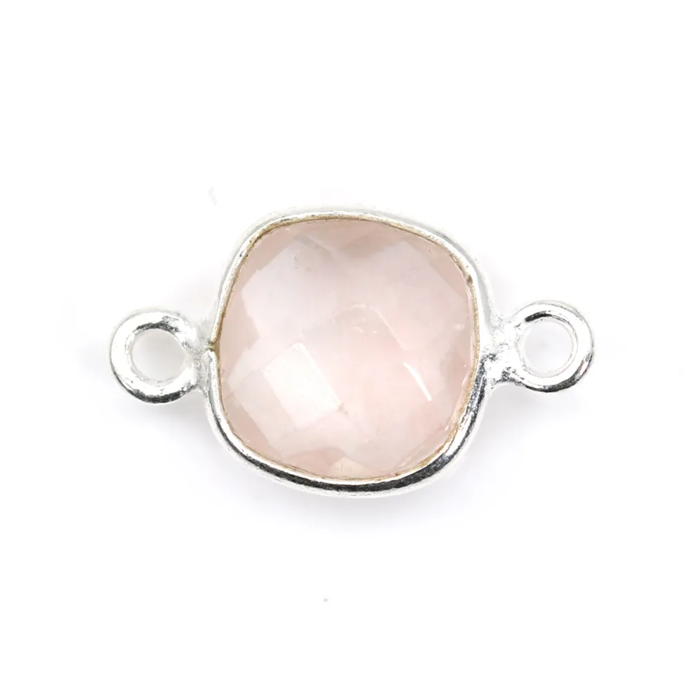 Quartz rose coussin facette sertie sur argent 2 anneaux 9mm x 1pc