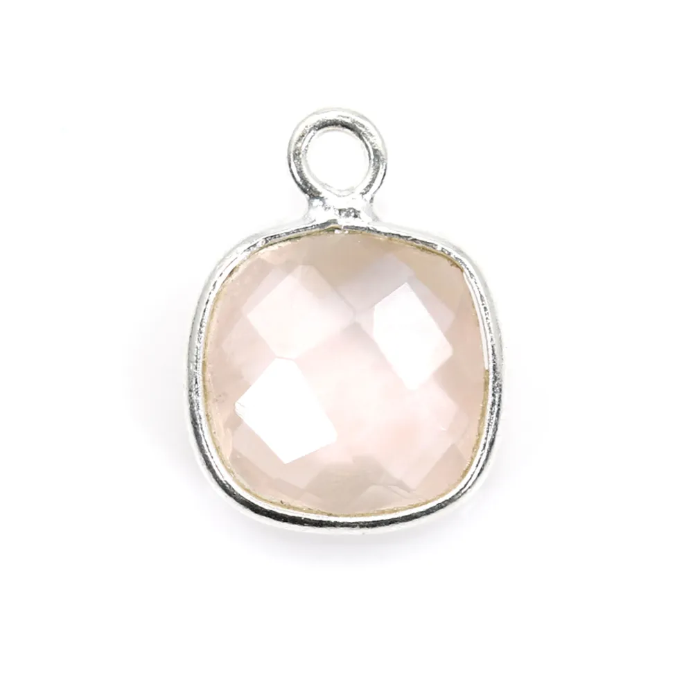 Quartz rose coussin facette sertie sur argent 9mm x 1pc