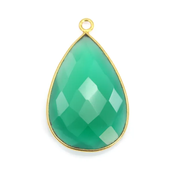 Pendentif en agate verte sertie en argent 925 doré à l'or fin, en forme de goutte, 21x31mmx 1pc