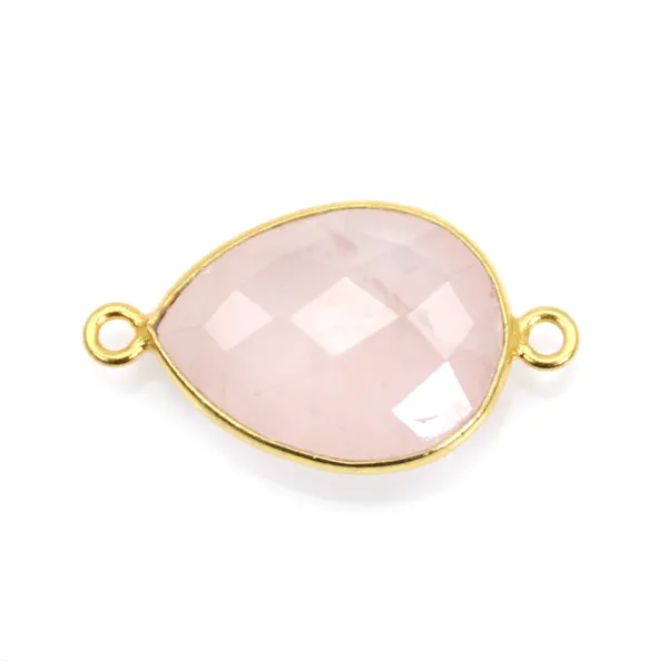 Quartz rose goutte facette sertie sur argent doré 2 anneaux 13x17mm x 1pc