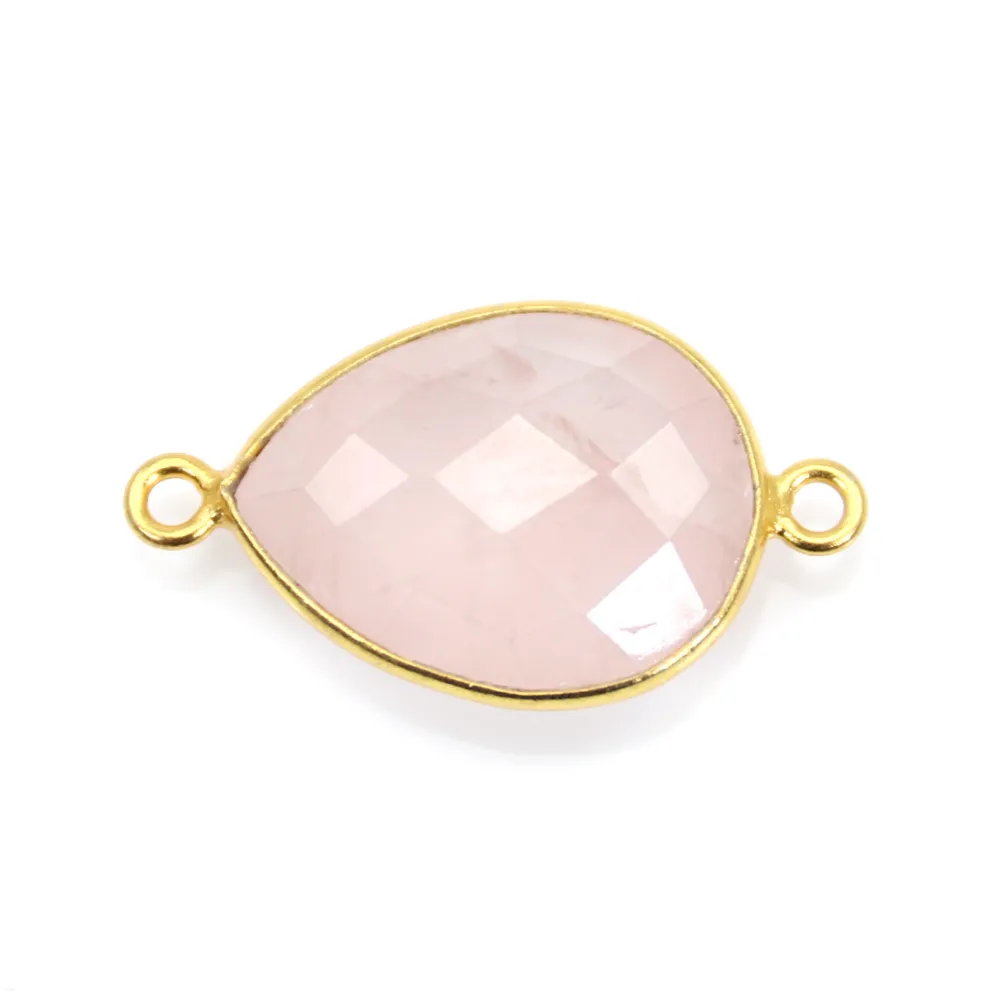 Faceted drop rose quartz set in gold-plated silver 2 rings 13x17mm x 1pc