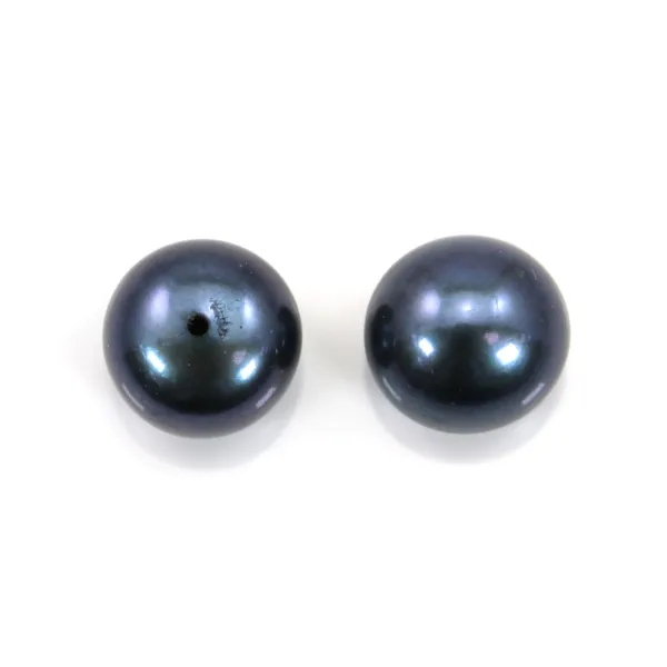 Perle de culture d'eau douce, semi-percée, bleu foncé, bouton, 10-10.5mm x 2pcs