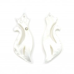 white mother-of-pearl in a cat shape with a cubic zirconia 12x34 mm x 1pc