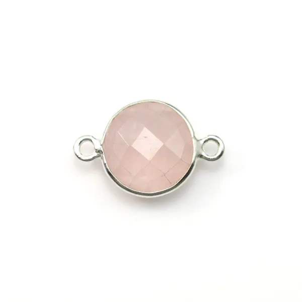 Quartz rose rond facette sertie sur argent 2 anneaux 9mm x 1pc
