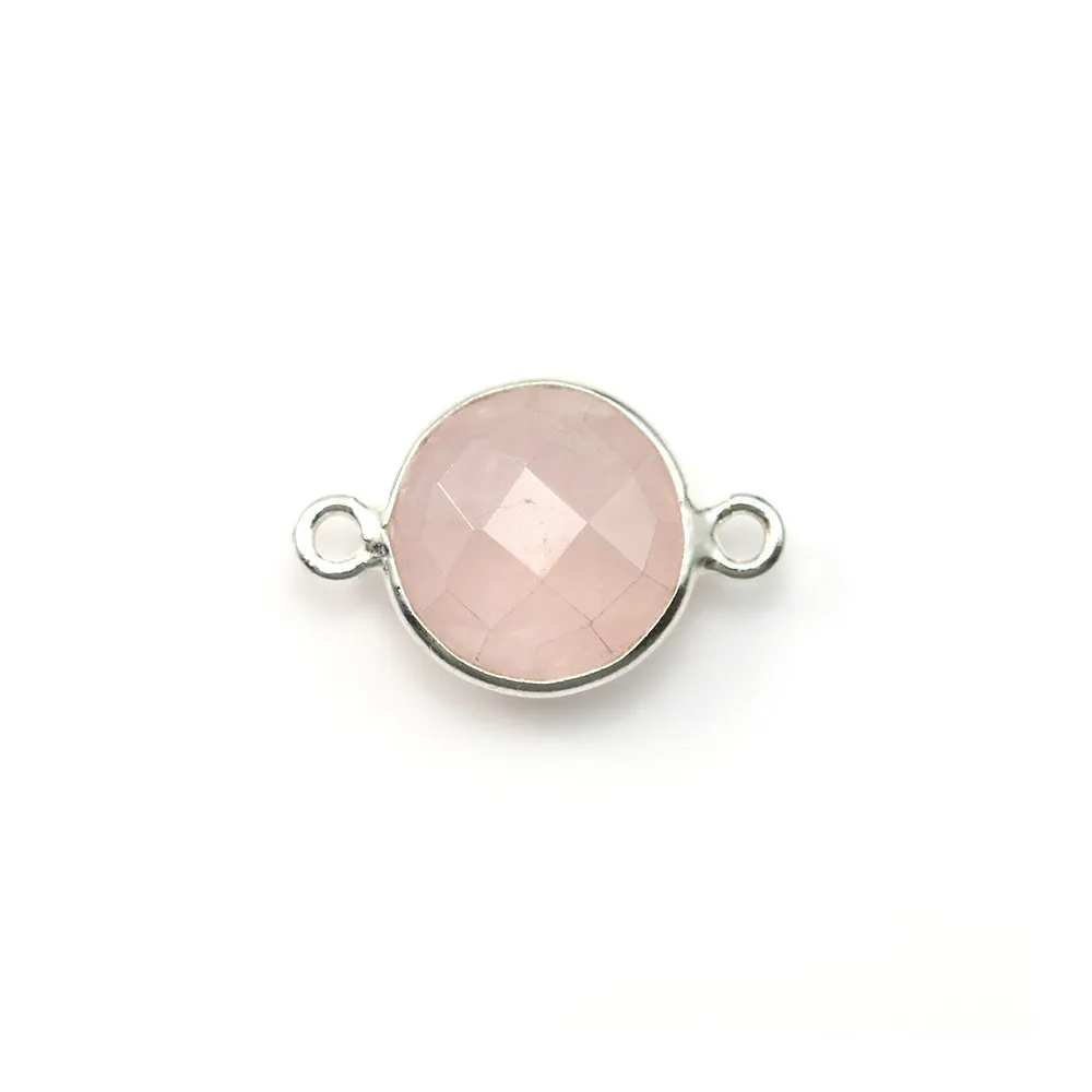 Quartz rose rond facette sertie sur argent 2 anneaux 9mm x 1pc